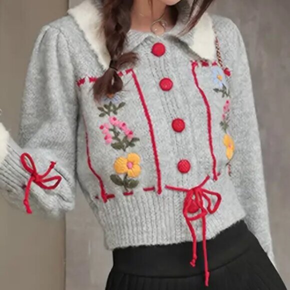 Red Button Pull Tie String Collared Cardigan - Picture 3 of 3